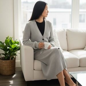 White House Black Market Gray Ribbed Sweater Dress Belted Button Front XS